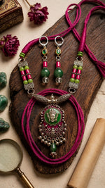 Dual-Tone Goddess Pendant Green & Pink Tribal Necklace Set