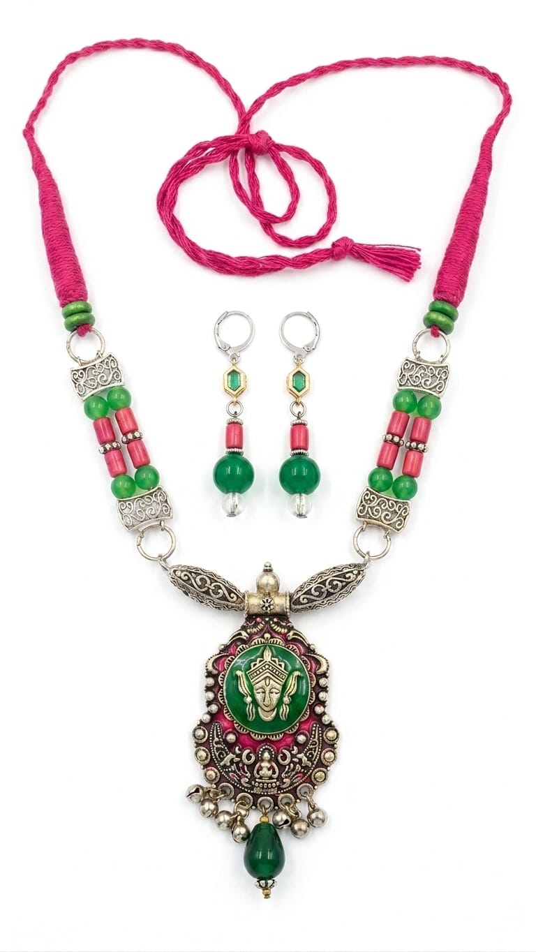 Dual-Tone Goddess Pendant Green & Pink Tribal Necklace Set