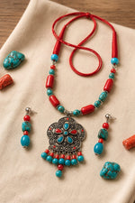 Tibetan Turquoise & Coral Silver Floral Pendant Necklace Set