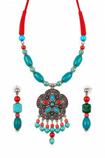 Tibetan Turquoise & Coral Silver Floral Pendant Necklace Set