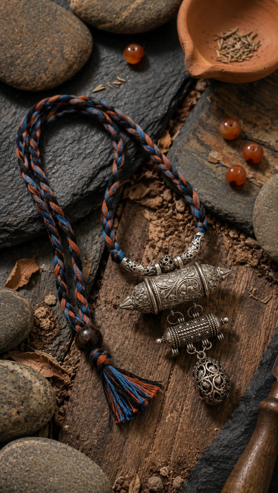 Tribal Silver Amulet Pendant Necklace on Handwoven Cord
