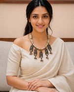 Dual-Tone Tribal Plaque Necklace with Carved Beads & Ghungroo Bells