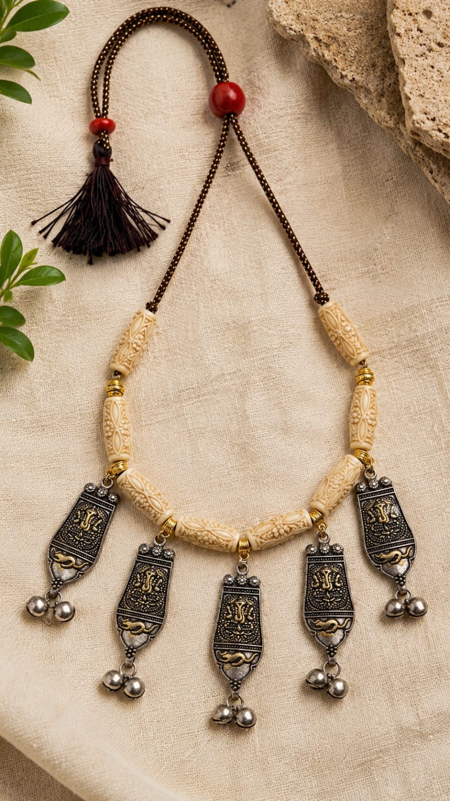 Dual-Tone Tribal Plaque Necklace with Carved Beads & Ghungroo Bells