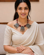 Oxidised Silver Tribal Amulet Plaque Choker with Red Beads