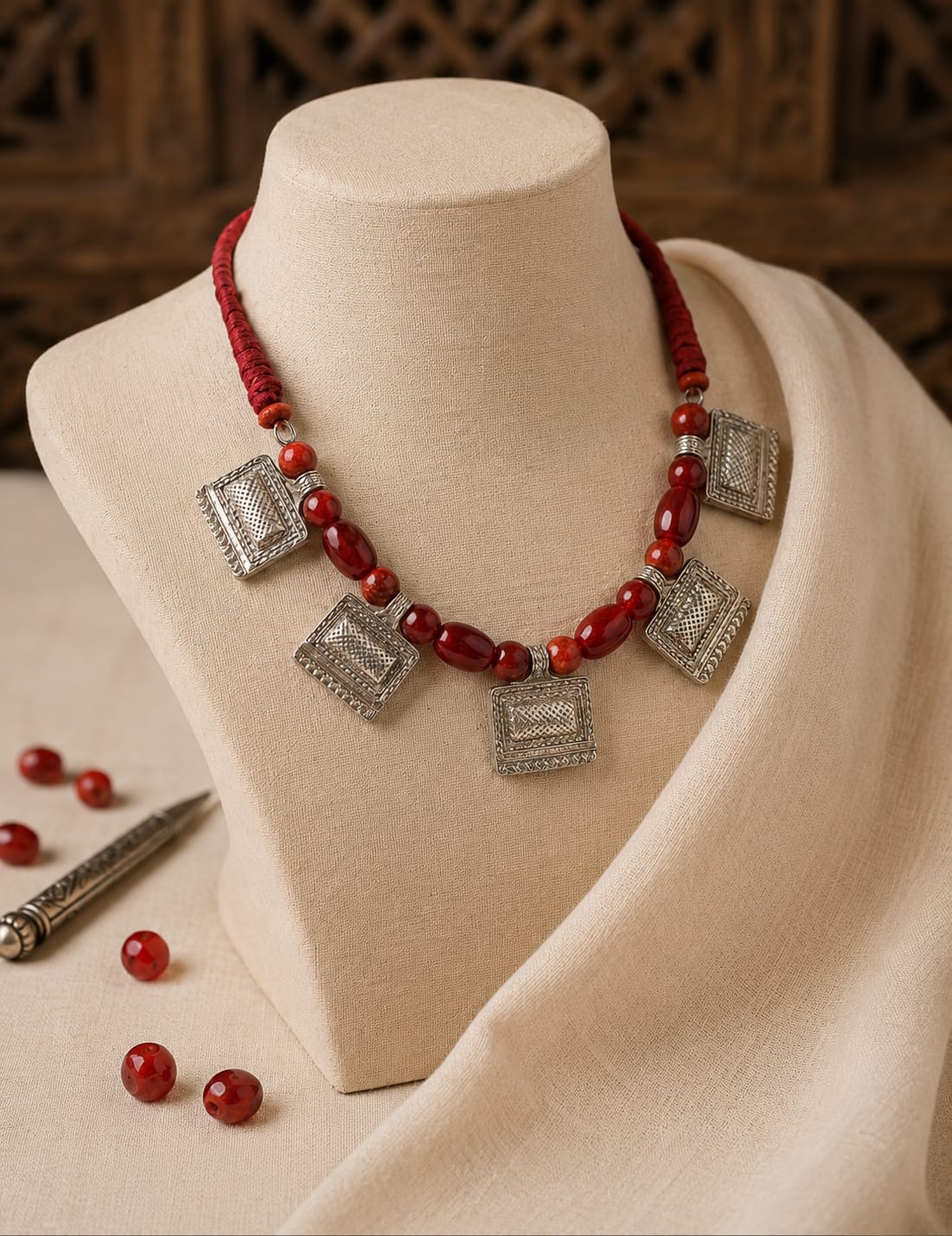 Oxidised Silver Tribal Square Plaque Necklace with Red Beads