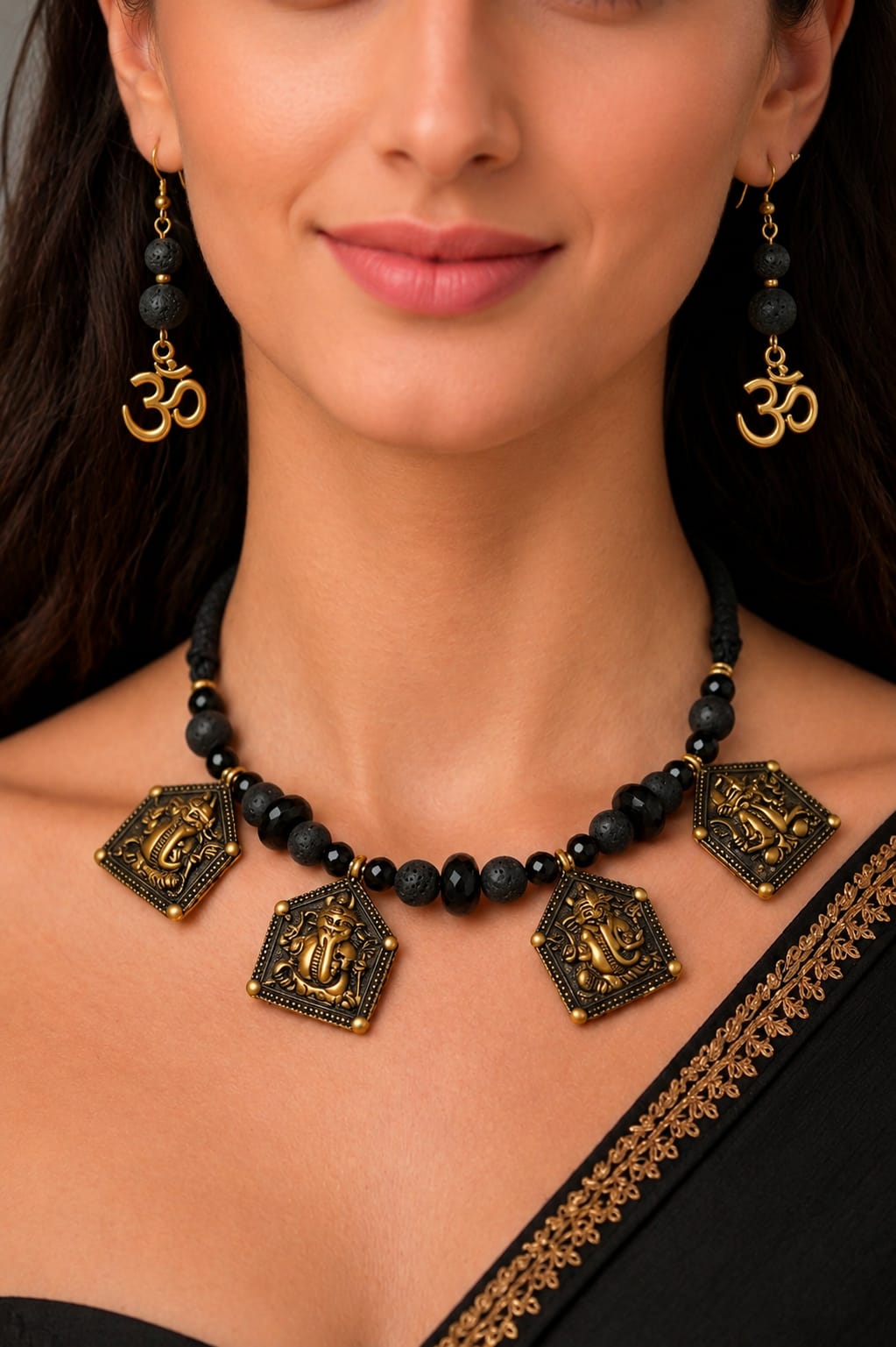 Antique Gold Ganesha & Om Lava Bead Necklace Set