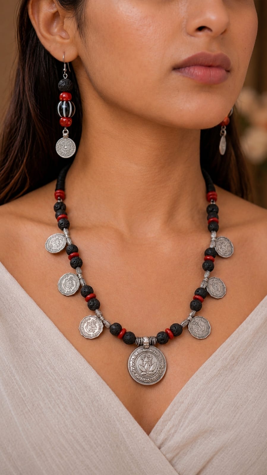 Tribal Lava Bead & Silver Coin Necklace Set with Earrings — handcrafted tribal jewellery set India by HeerMaya