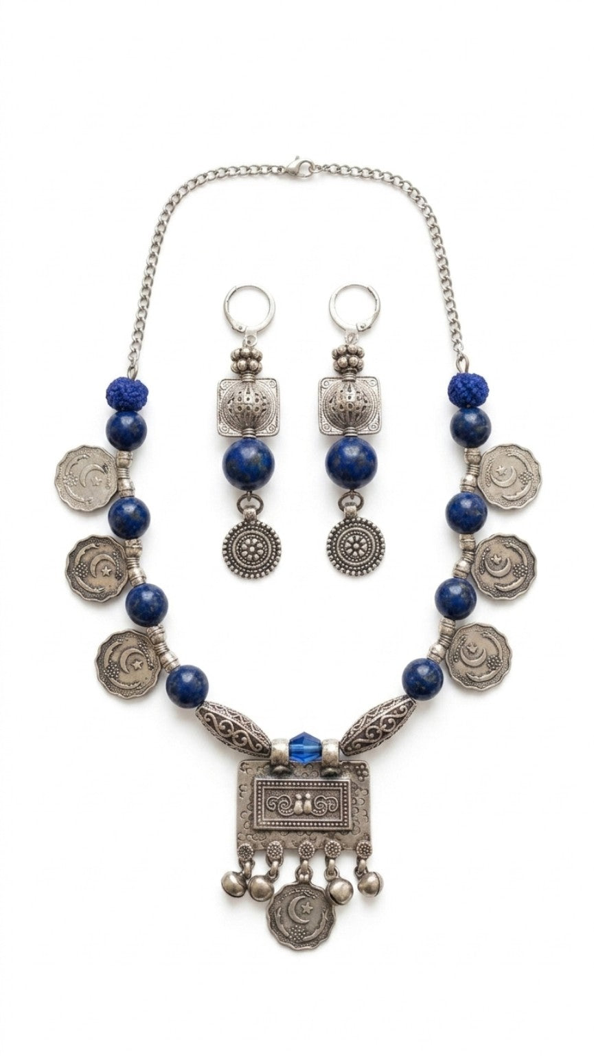 Tribal Lapis Lazuli Silver Necklace Set with Coin Charms & Drop Earrings