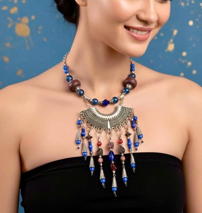 Blue-Red Multi-Dangle Tribal Necklace