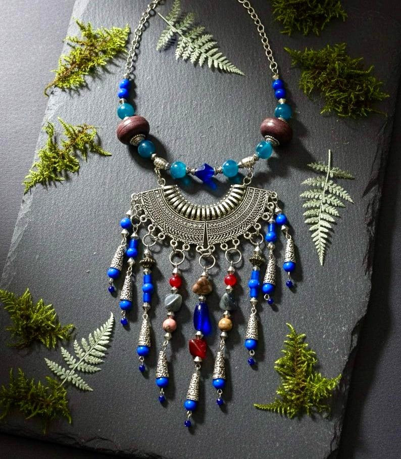 Blue Red Multi Dangle Tribal Necklace