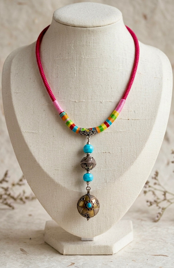 Rainbow Cord Ottoman Ball Pendant Necklace
