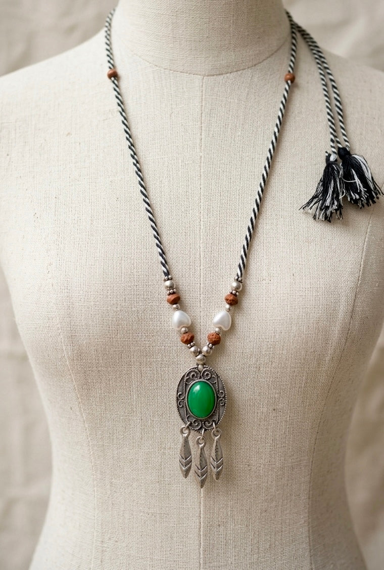 Jade Feather Oval Pendant Necklace