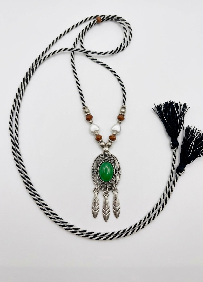 Jade Feather Oval Pendant Necklace