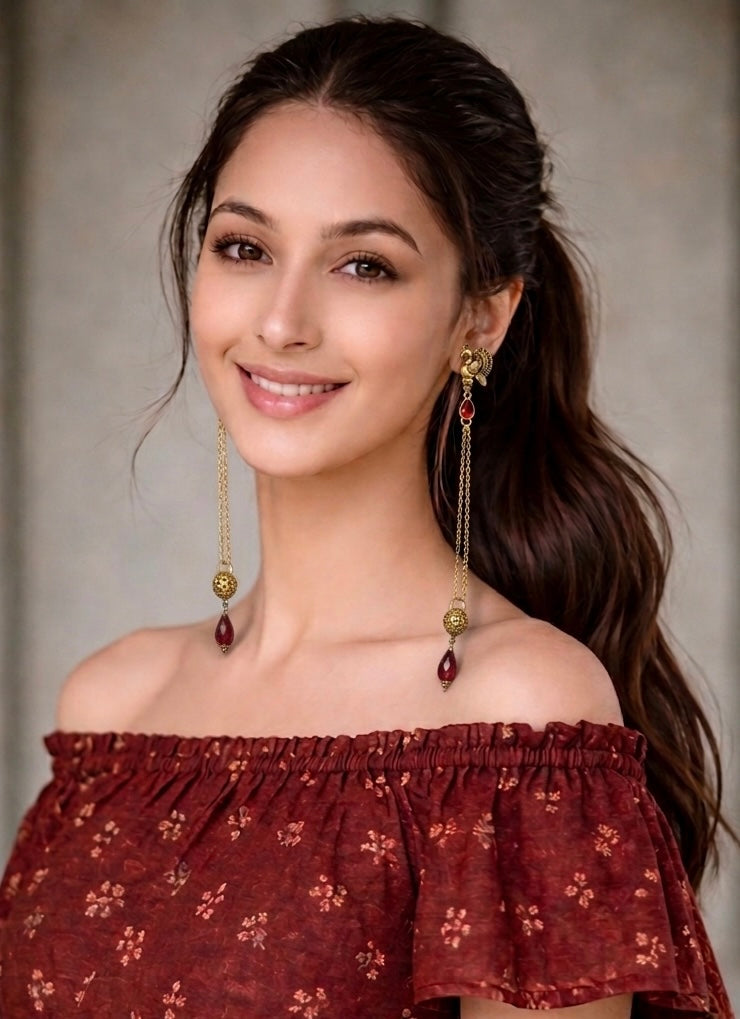 Dejoor Peacock Ruby Drop Earrings