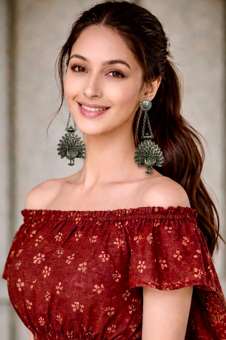 Peacock Garden Oxidised Drop Earrings