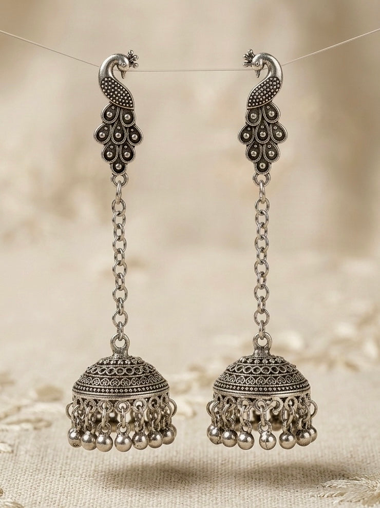 Peacock Jhumka Long Chain Drop Earrings