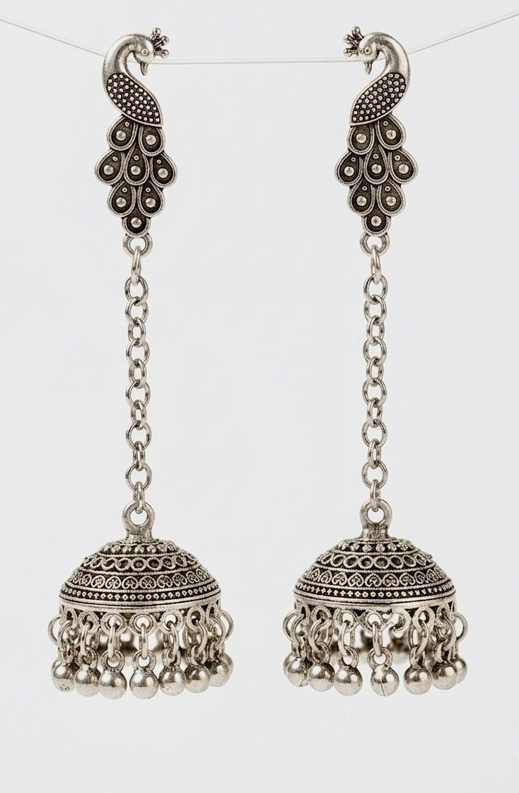 Peacock Jhumka Long Chain Drop Earrings