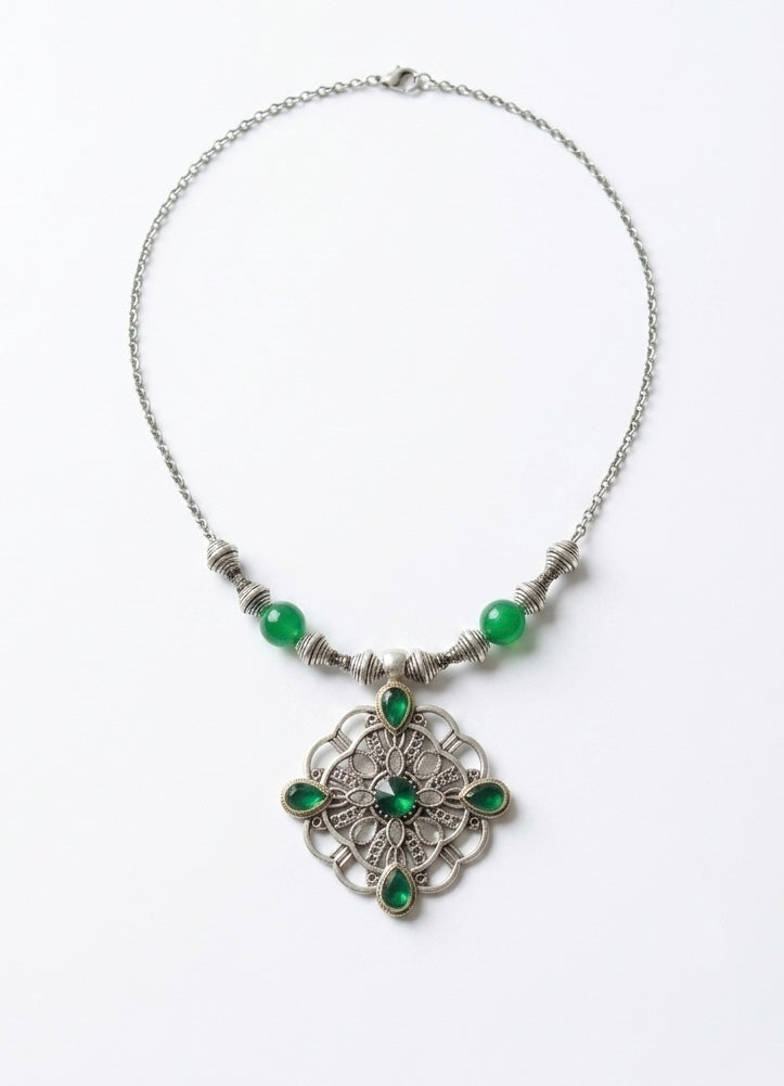 Emerald Filigree Mandala Pendant Necklace