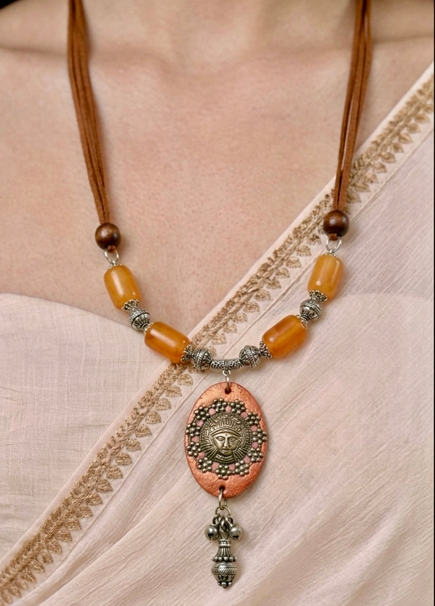 Lion Face Copper Oval Pendant Necklace