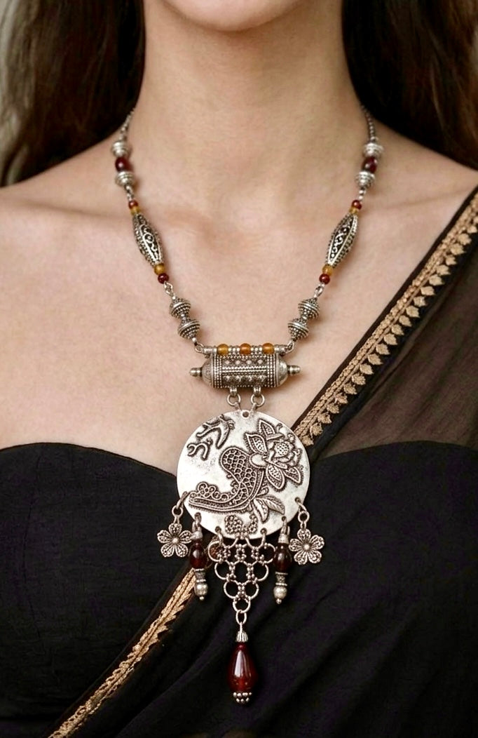 Silver Floral Disc Long Pendant Necklace