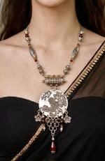 Silver Floral Disc Long Pendant Necklace