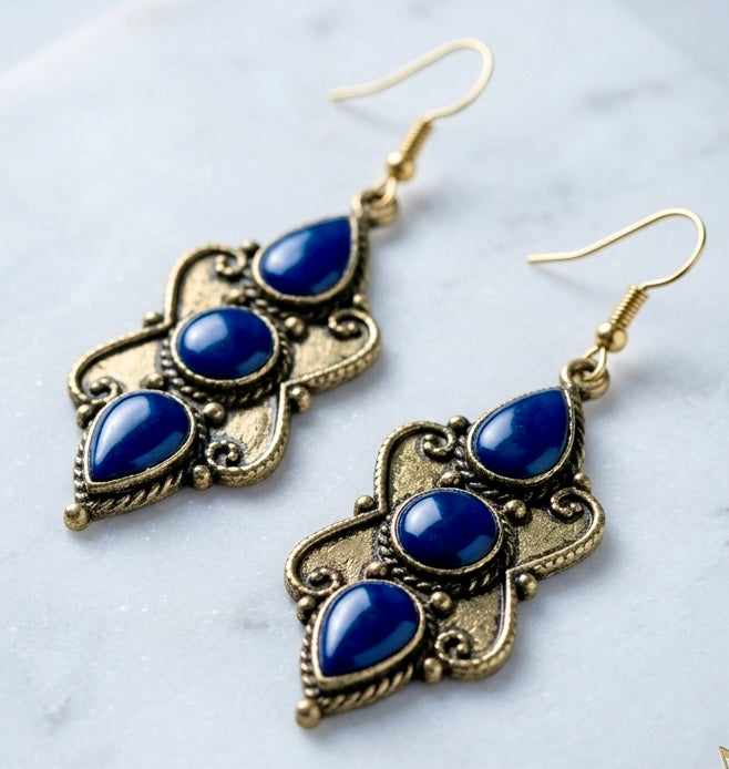 Lapis Lazuli Afghan Triple Stone Drop Earrings