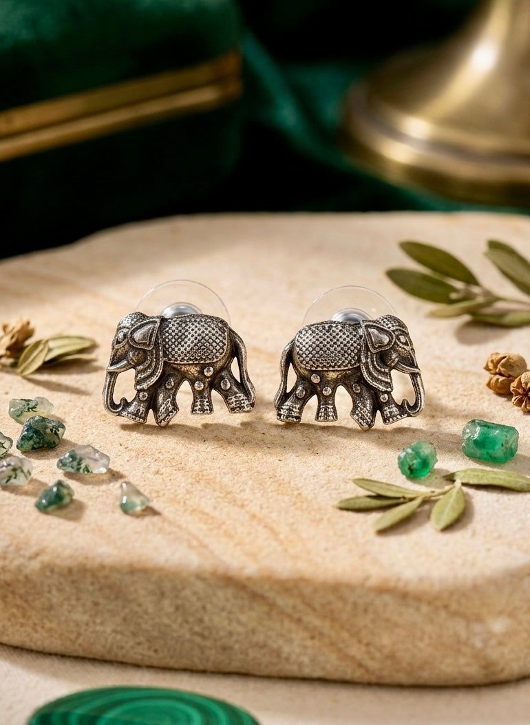 Lucky Elephant Oxidised Stud Earrings