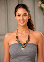 Antique Gold Coin Necklace with Wood, Turquoise & Grey Agate Beads