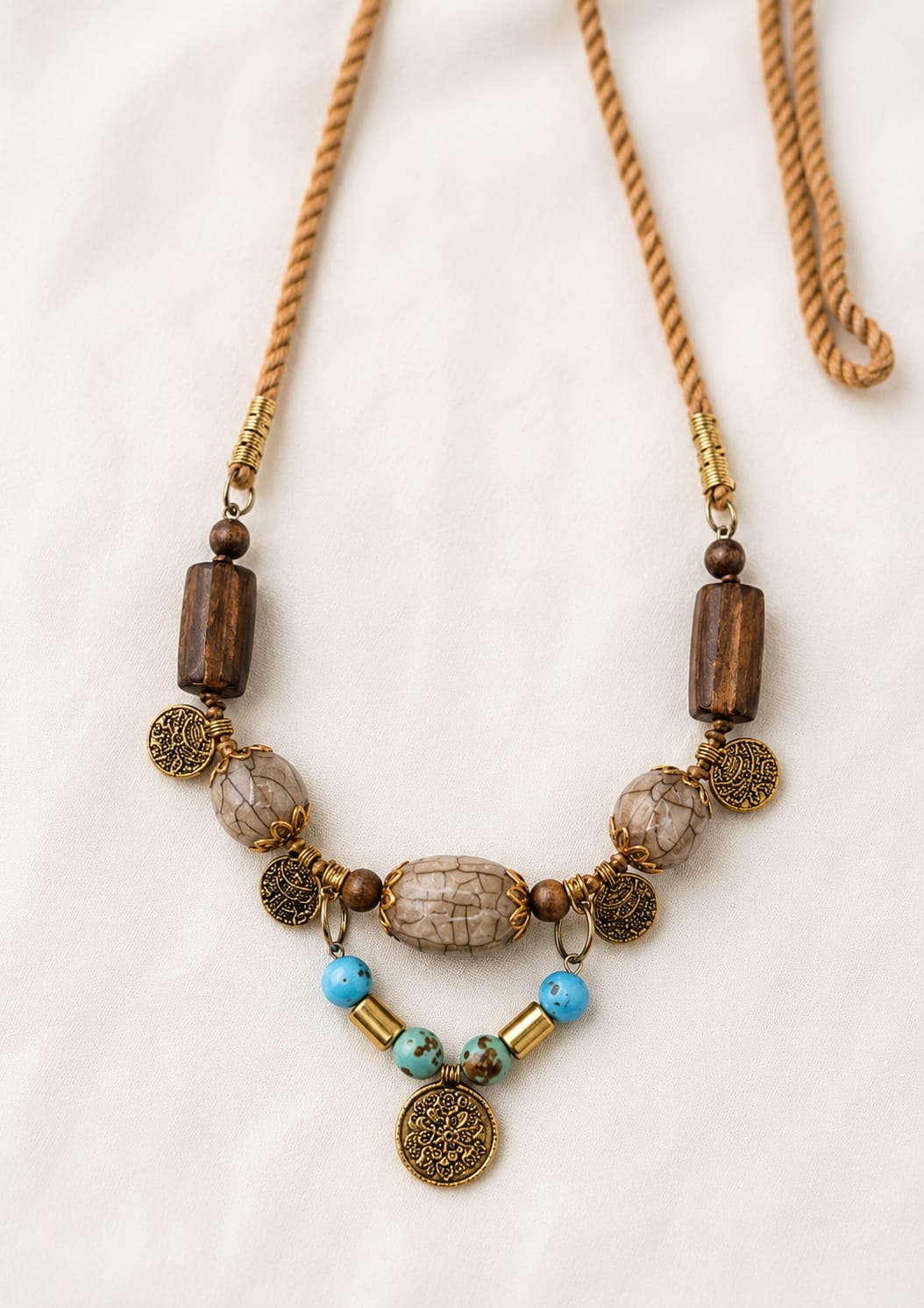 Antique Gold Coin Necklace with Wood, Turquoise & Grey Agate Beads