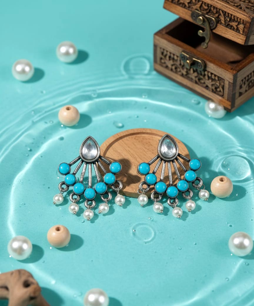 Turquoise Fan Oxidised Earrings