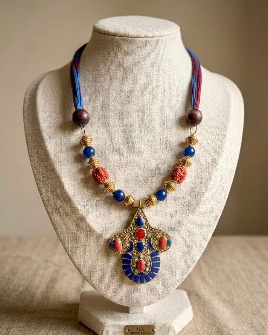 Afghan Lapis Coral Gold Pendant Bead Necklace