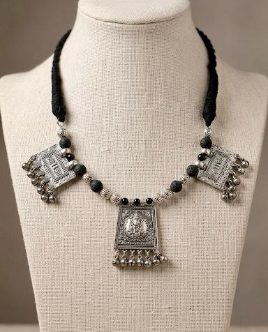 Ganesha Triptych Oxidised Silver Necklace