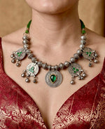 Emerald Coin Ghungroo Oxidised Necklace
