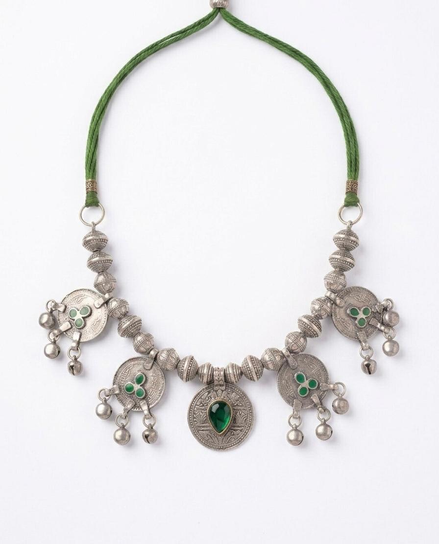 Emerald Coin Ghungroo Oxidised Necklace