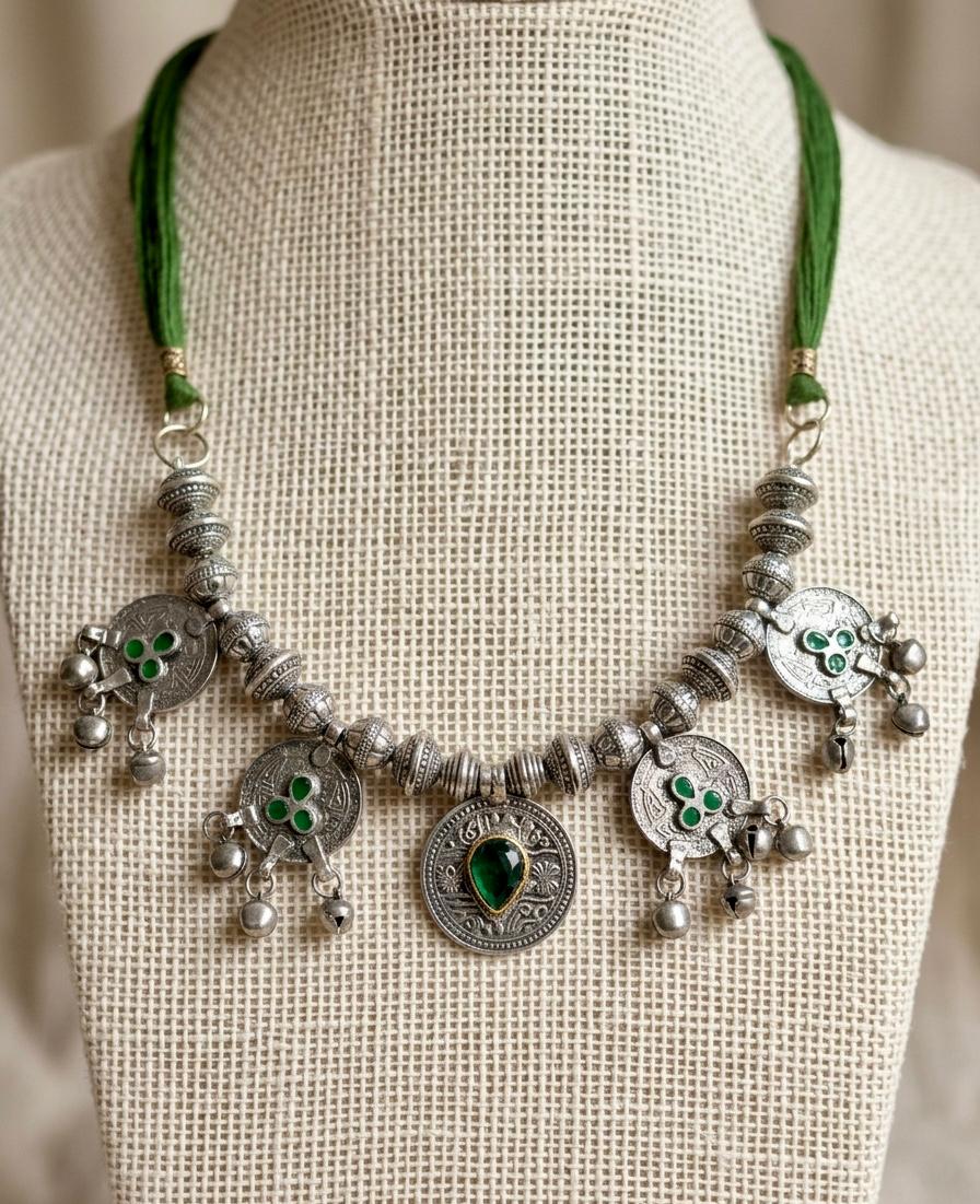 Emerald Coin Ghungroo Oxidised Necklace