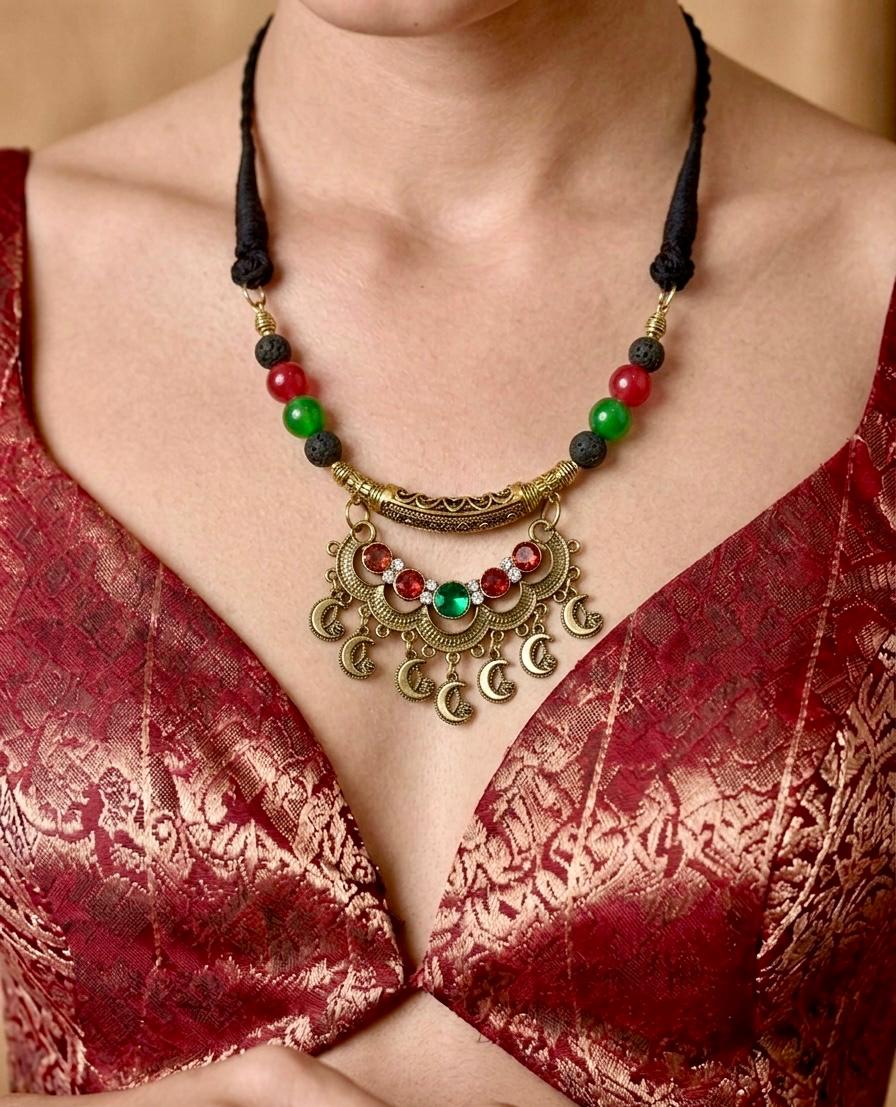 Crescent Moon Crystal Lava Bead Necklace