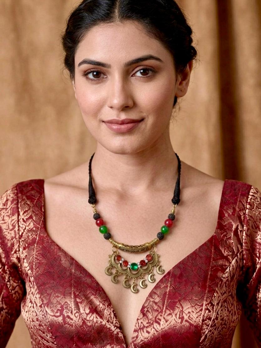 Crescent Moon Crystal Lava Bead Necklace