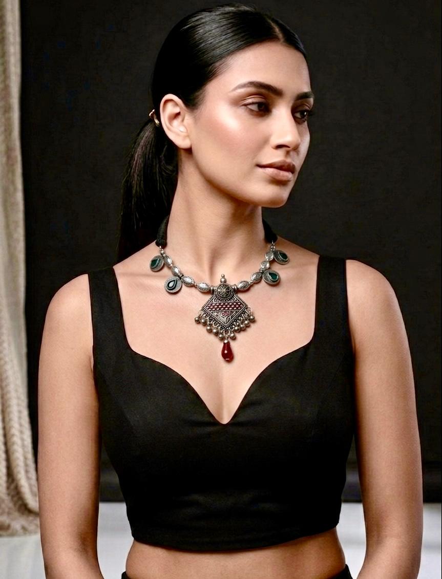 Oxidised Diamond Enamel Coin Strand Necklace