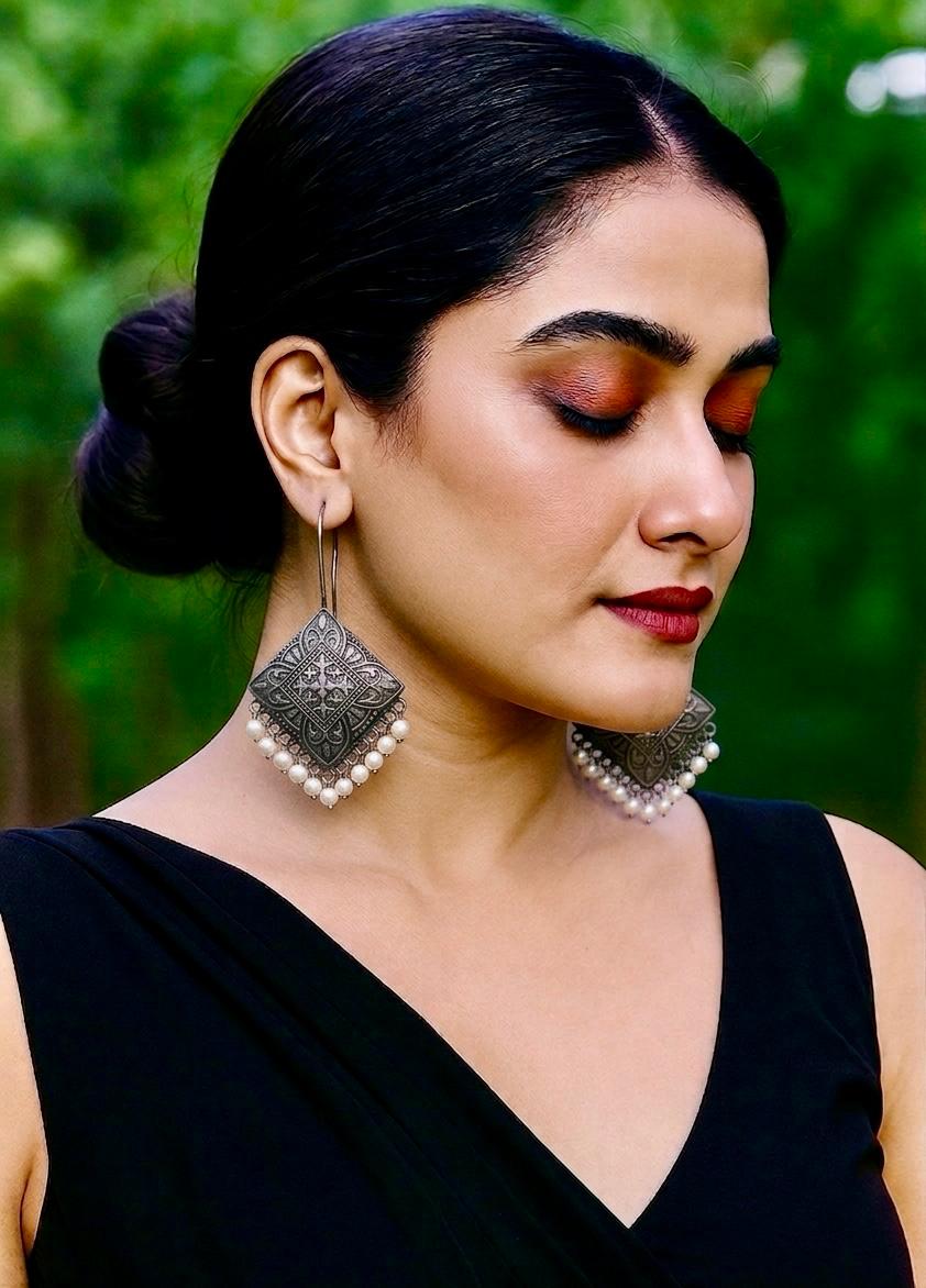 Oxidised Silver Diamond Pearl Drop Earrings