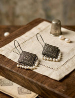 Oxidised Silver Diamond Pearl Drop Earrings