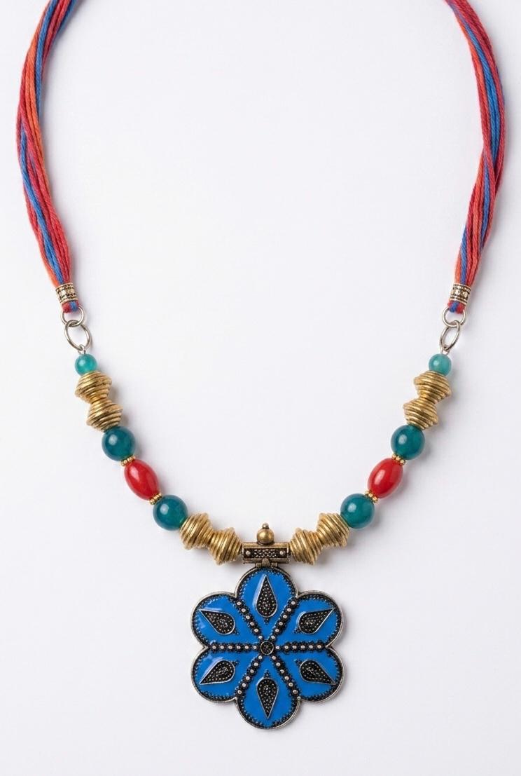Blue Enamel Flower Afghan Bead Necklace
