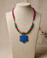Blue Enamel Flower Afghan Bead Necklace