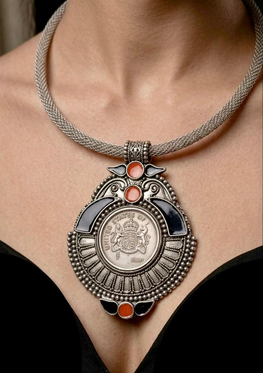 Imperial Coin Crest Silver Mesh Choker Necklace