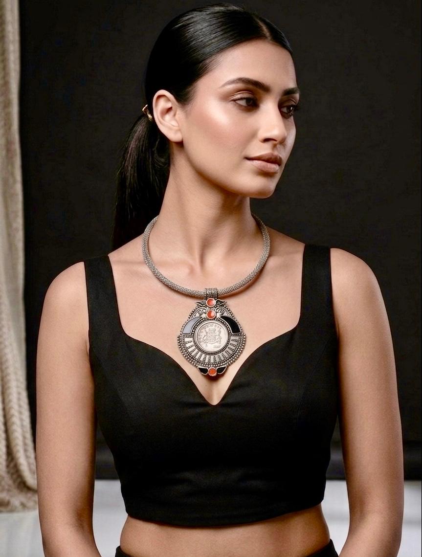 Imperial Coin Crest Silver Mesh Choker Necklace