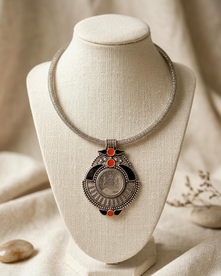 Imperial Coin Crest Silver Mesh Choker Necklace
