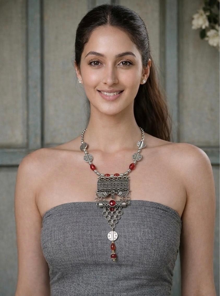 Turkish Style Statement Necklace With Red Accents