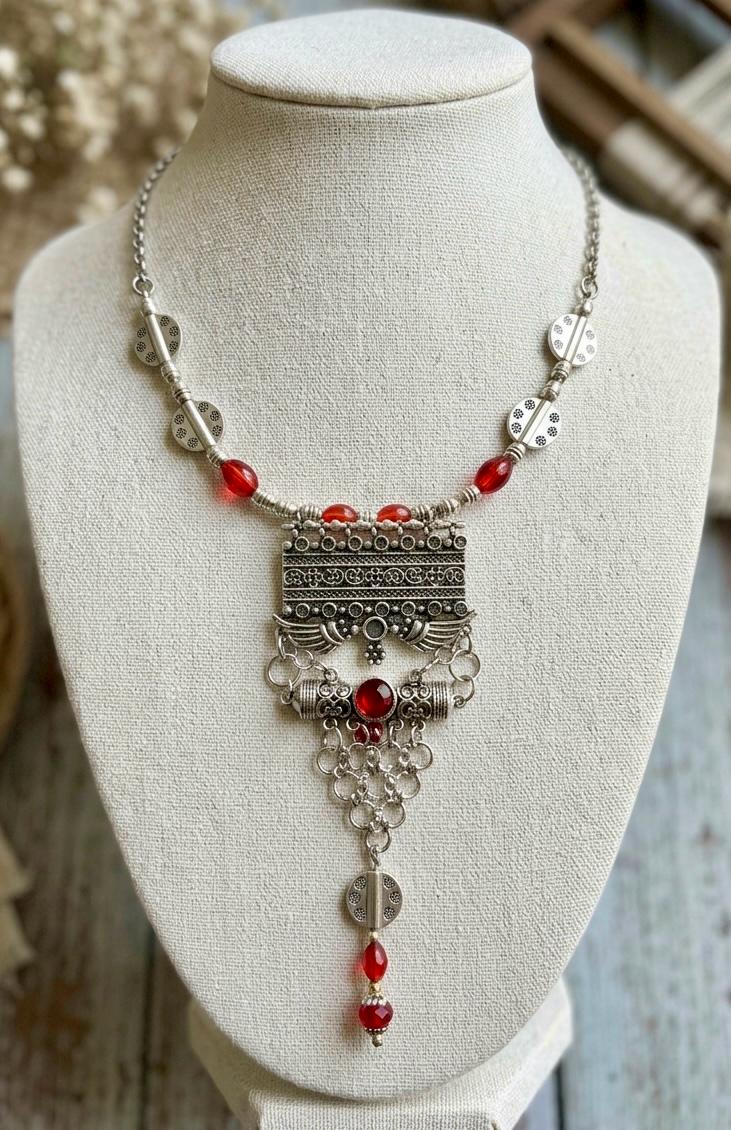 Turkish Style Statement Necklace With Red Accents