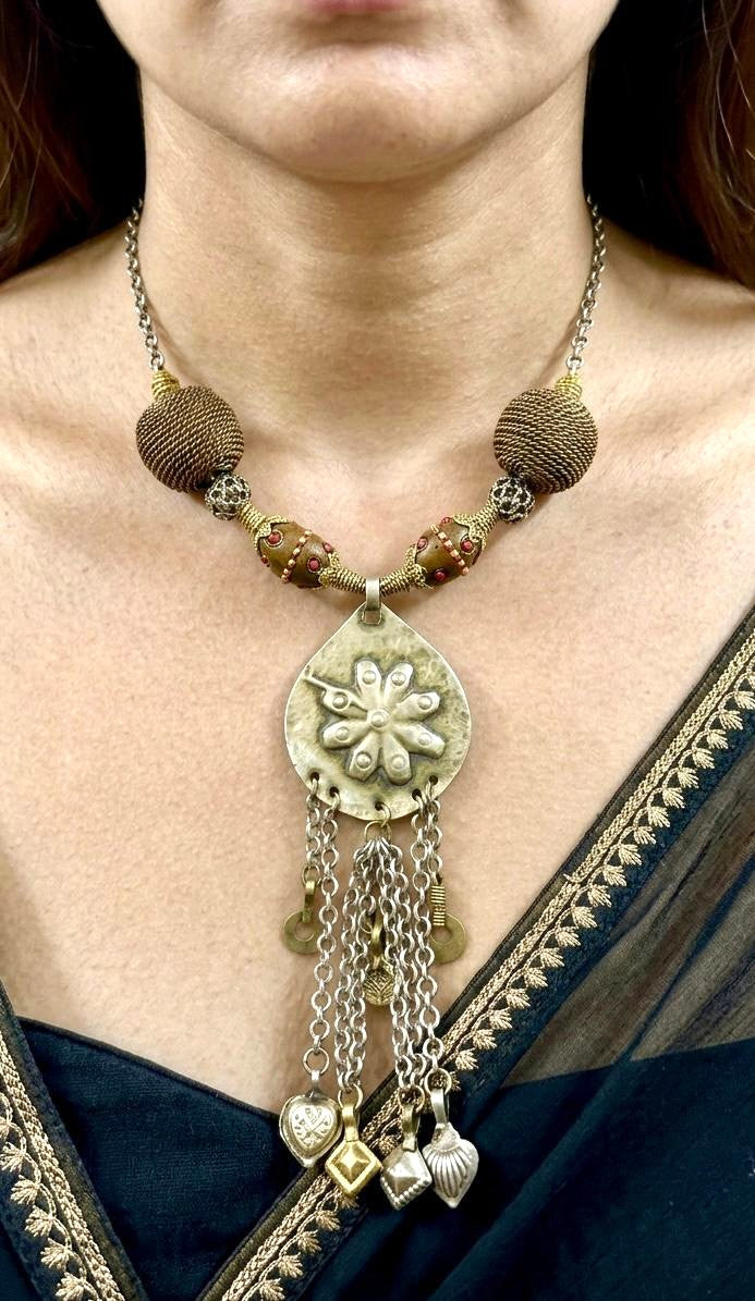 Afghan Tribal Kuchi Statement Necklace with Tassel Charms