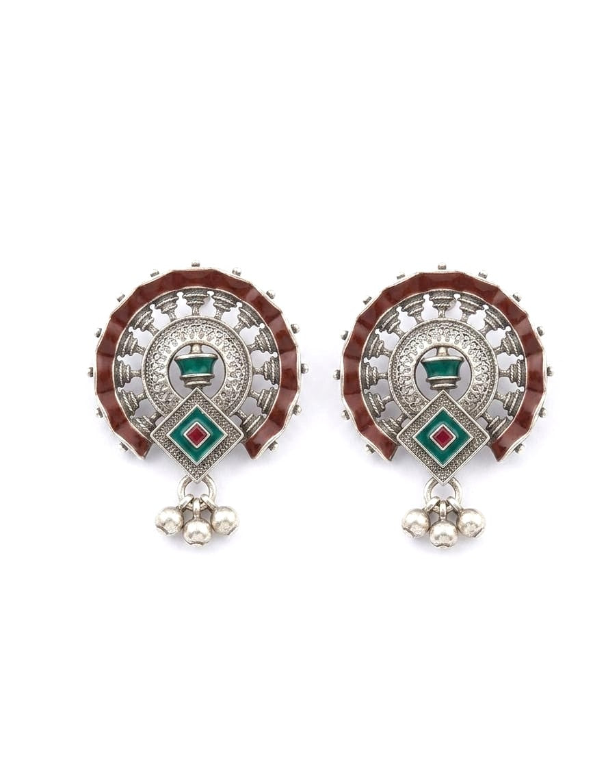 Maroon Teal Temple Disc Stud Earrings