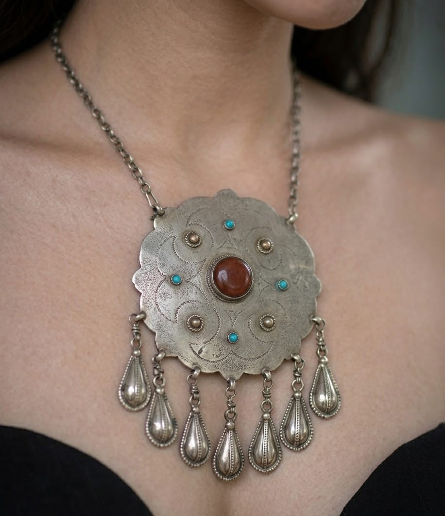 Silver Mandala Afghan Pendant Necklace